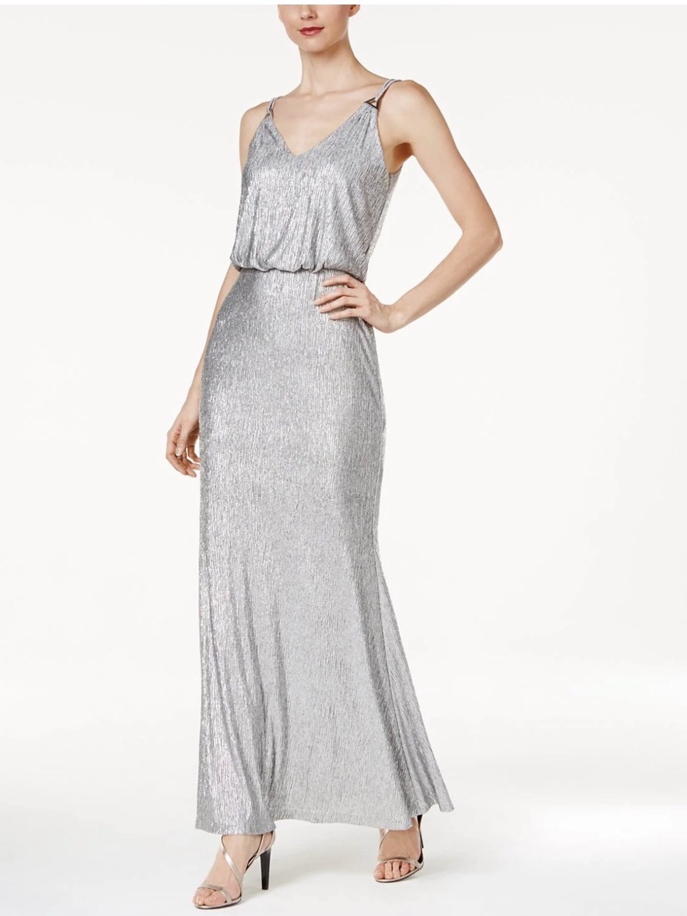 Calvin Klein Women’s Silver Metallic V-Neck Blouson Evening Gown Dress